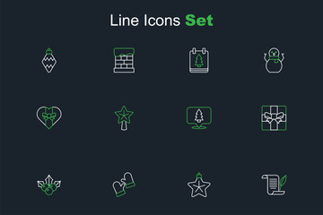 Set line Envelope, Christmas star, mittens, Branch viburnum, Gift box, tree, and icon. Vector