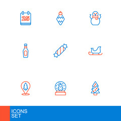 Set line Christmas tree, snow globe, santa claus sleigh, Champagne bottle, Candy, snowman and toy icon. Vector