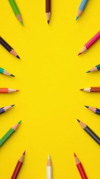 Vertical looping stop motion animation of pencils of different colors moving on yellow paper background with copy space, top view. Back to school concept. Remote education, online study.