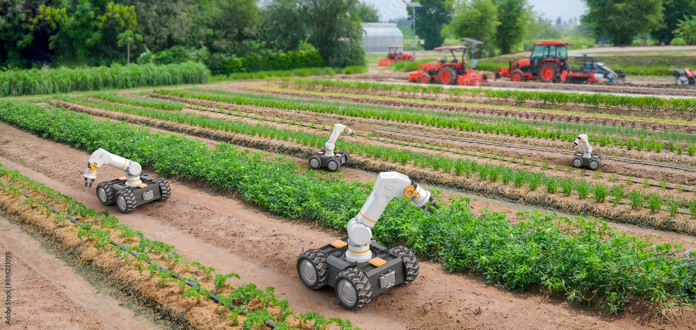 Poster agriculture technology with robot assistant on field