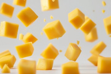 falling cubes close up of Mango chunks on white background