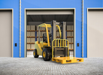 Forklift truck with empty pallet in warehouse