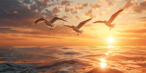 Soaring Seagulls over the Tranquil Ocean at Sunset in Warm Colors