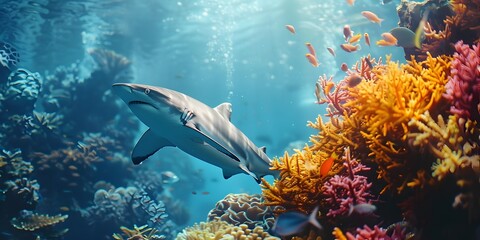 Obraz premium Majestic Shark Swimming Amidst Vibrant Coral Reef in Serene Underwater Scenery