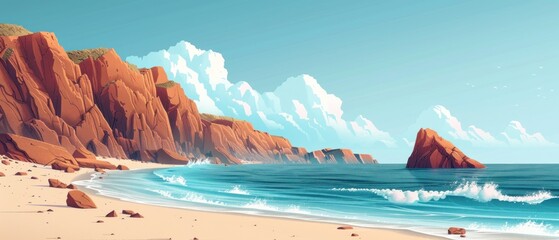 A flat design illustration of a serene coastal scene with cliffs, waves, and a clear sky. The minimalist style ensures the scene remains uncluttered, providing ample copy space for customization. The