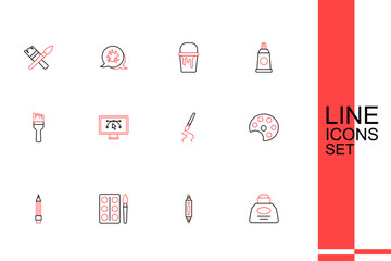 Set line Inkwell, Marker pen, Watercolor paints in box, Pencil with eraser, Palette, Paint brush, Computer design program and icon. Vector