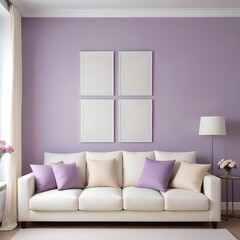 Modern minimalist living room interior with soft pastel purple walls, empty white frames on the walls, white sofa with cream-colored throw pillows