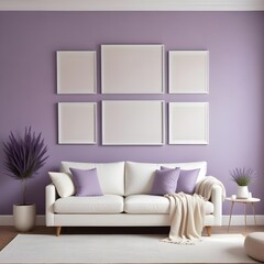 Modern minimalist living room interior with soft pastel purple walls, empty white frames on the walls, white sofa with cream-colored throw pillows