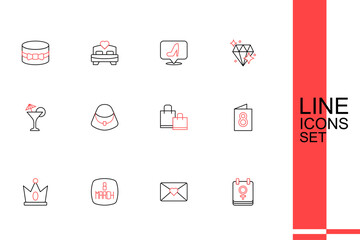 Set line Calendar with 8 March, Envelope, King crown, Greeting card, Paper shopping bag, Handbag and Martini glass icon. Vector