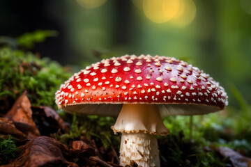 Fototapeta premium Detailed close-up of a fly agaric (Amanita muscaria) mushroom in a woodland scene. The red cap stands out amidst fallen autumn leaves, creating a visually captivating image