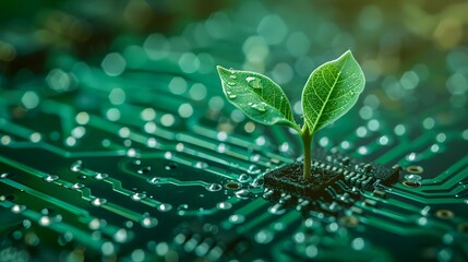 A seedling growing from a circuit board, symbolizing the fusion of nature and technology and the concept of digital evolution