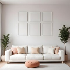 Modern minimalist living room interior with soft pastel white walls, empty white frames on the walls, white sofa with cream-colored throw pillows