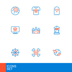 Set line Moon and stars, Skull crossbones, Spider web, Tombstone with RIP written, Castle, Ghost and Shirt skull icon. Vector