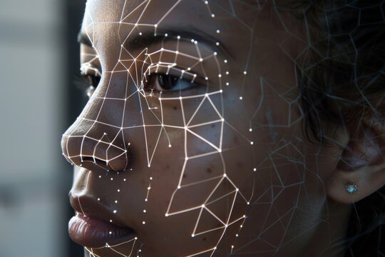 A woman face is illuminated by a grid of lines, indicating a facial recognition scan