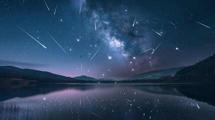 Fototapeta premium Bright meteors streaking through the night sky, reflected perfectly in a still lake.