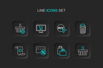 Set line Shopping basket, Paper shopping bag, Discount card with percent, check and financial check, POS terminal, Buy button, cart monitor and Add icon. Vector