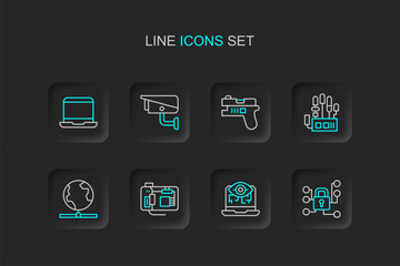 Set line Cyber security, Computer vision, Motherboard, Global technology, Mechanical robot hand, Futuristic weapon, Security camera and Laptop icon. Vector