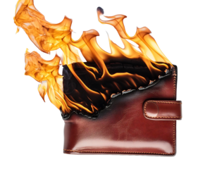 A wallet burning in flames on a transparent background, depicts someone spending money or being extravagant. design elements