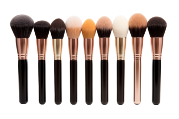 A Collection of Ten Soft-Bristled Makeup Brushes With Black Handles and Gold Accents on a White or Clear Surface PNG Transparent Background.
