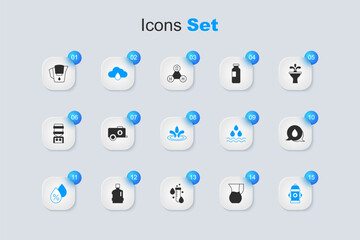 Set Jug glass with water, Mobile tank, Cloud rain, Water drop percentage, Fire hydrant, speech bubbles, jug filter and icon. Vector