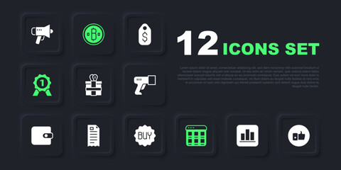 Set Pie chart infographic, Hand like, Gift box, Online shopping on screen, Medal, Financial check, Cryptocurrency coin Bitcoin and Buy button icon. Vector