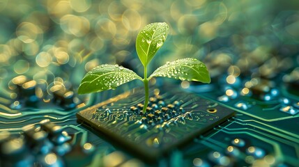 Technological growth and digital evolution illustrated by a seedling sprouting from a circuit board, blending nature and technology