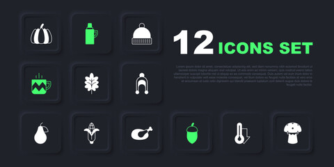 Set Thermometer, Mushroom, Leaf, Acorn, Cup of tea, Corn, Thermos container and Roasted turkey chicken icon. Vector