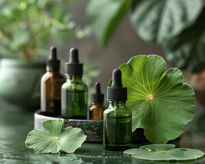 Natural skin care products on centella asiatica background.