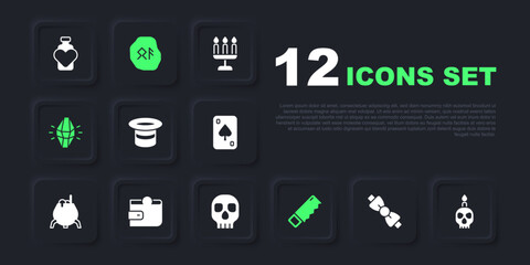 Set Bow tie, Burning candle on skull, Magic hat, Hand saw, stone, Wallet, runes and Skull icon. Vector