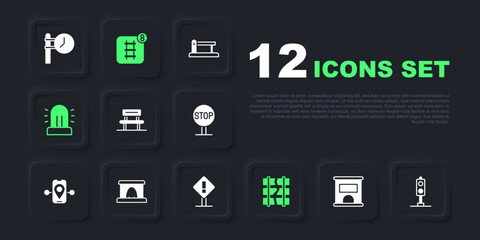 Set Ticket office to buy tickets, Train traffic light, Waiting hall, Broken or cracked railway, Flasher siren, Railway tunnel, Online booking and Exclamation mark square icon. Vector