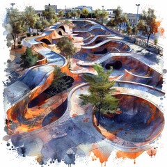 Naklejka premium Aerial View of Vibrant Olympic BMX Freestyle Park with Ramps Rails and Stunts in Watercolor and Ink Clipart Style