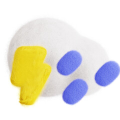 Cloud with lightning and rain isolated. Weather forecast icon. Climate elements. 3D Wool felt style illustration. 