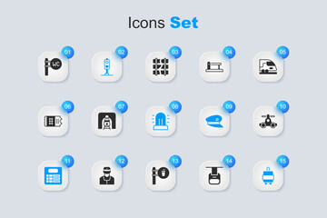 Set Cable car, Train in railway tunnel, traffic light, station board, Suitcase, Handcar transportation, Toilet and Flasher siren icon. Vector