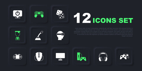 Set Headphones, Game controller or joystick, Microphone, console with, Award cup, Computer mouse, and monitor icon. Vector