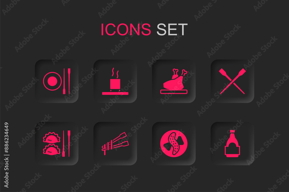 Sticker Set Food chopsticks with noodles, Cup of tea, plate, Served cucumber on, Soy sauce bottle, Roasted turkey or chicken and Dumpling icon. Vector