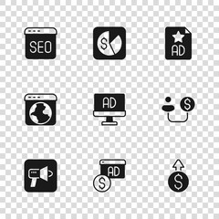 Set Advertising, Human and money, Financial growth dollar, SEO optimization, Market analysis and Worldwide icon. Vector