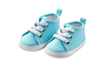 Tiny Blue Canvas Sneakers With White Laces for a Baby's First Steps on a White or Clear Surface PNG Transparent Background.