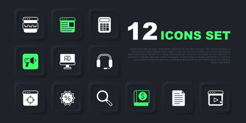 Set File document, Video advertising, Advertising, Financial book, Megaphone, Discount percent tag, and Magnifying glass icon. Vector