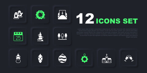 Set Church building, Glass of champagne, Christmas tree, toy, day calendar, wreath and ball icon. Vector