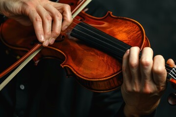 Close up of musician playing a violin during a classical music concert