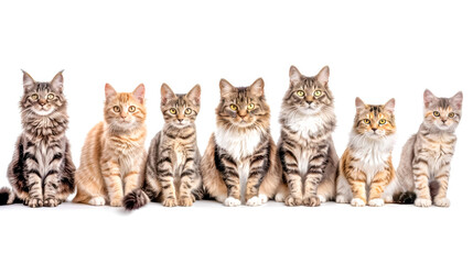 Seven cats sitting in a row on white background