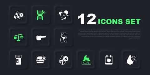 Set Diet plan, Water balance, Sports nutrition proteine, Kcal, Calorie calculator, No burger, GMO and Palm oil free icon. Vector