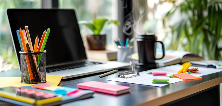 A stylish office desk featuring a laptop, a coffee cup, and an array of colorful stationery.
