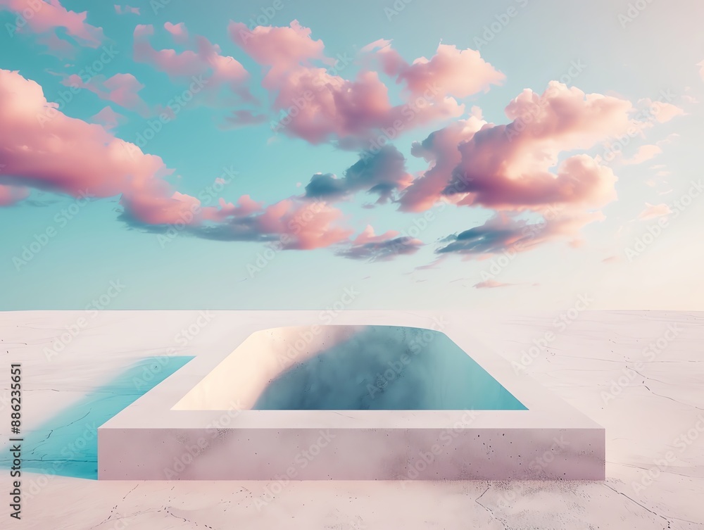 Poster a serene scene featuring an empty pool under a dreamy sky with pink clouds. the minimalist setup and