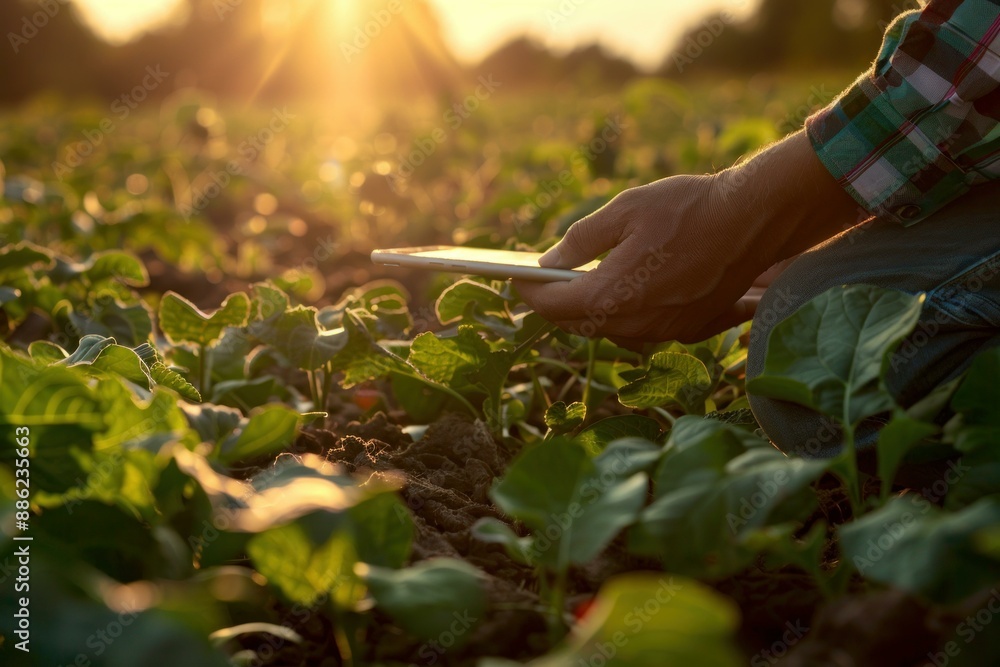 Poster farmer is using a digital tablet while monitoring the growth of crops in a cultivated field at sunse