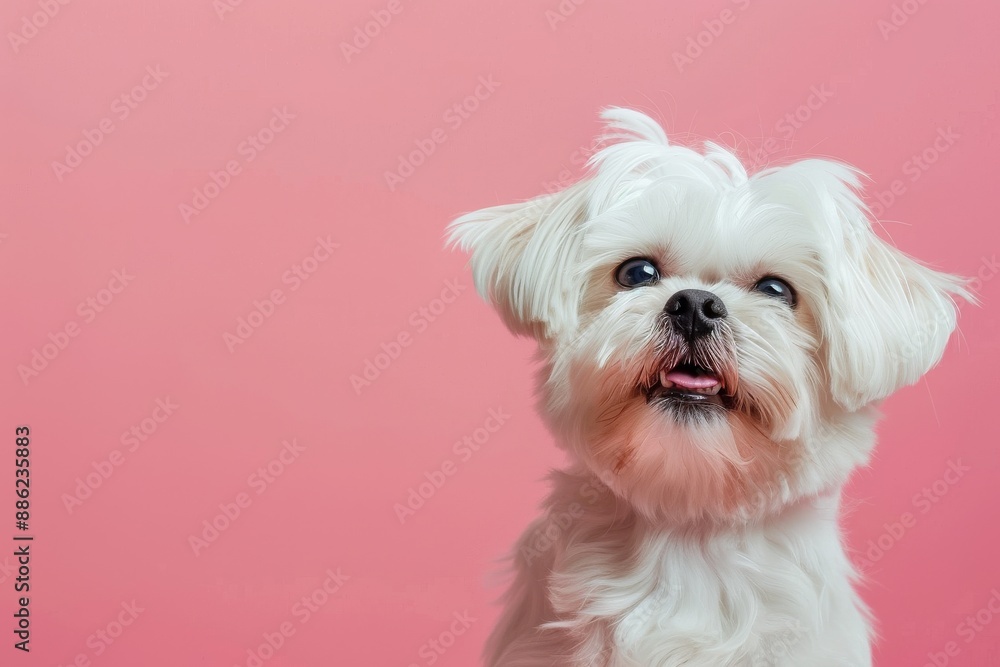 Wall mural White dog with pink background. Copy space. Close-up