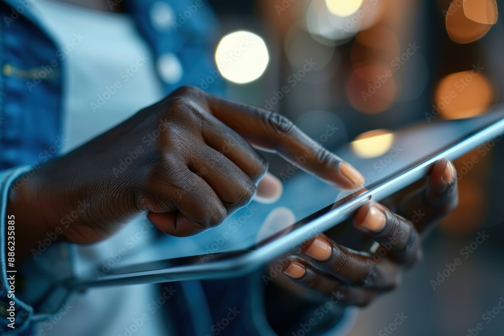 Aufkleber woman using digital tablet with finger browsing internet with blurred lights in background