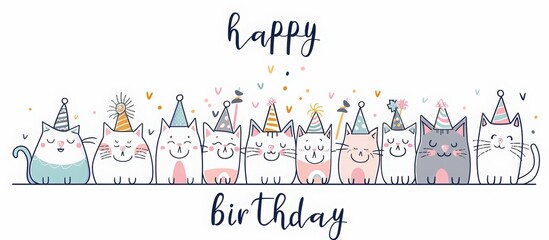 Cute happy cats wearing birthday hats in a line drawing vector illustration on a white background, with the text "Happy Birthday" 