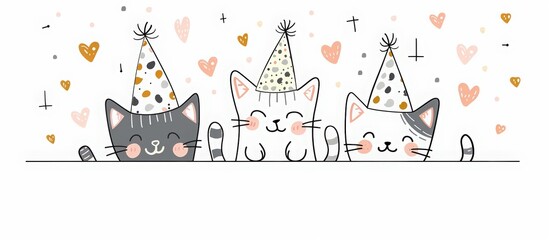 Cute happy cats wearing birthday hats in a line drawing vector illustration on a white background, with the text "Happy Birthday" 