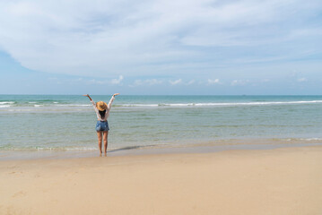 Lifestyle woman and relax chill on beach background. Travel summer vacations, copy space for banner.Summer vacations